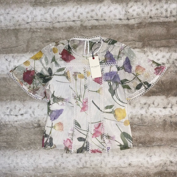 NWT💕TED BAKER Arelln Floral High Neck Top With Lace Details Size 0 - Picture 6 of 16